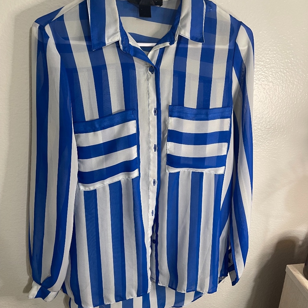 White & Blue Stripped Womens Button up Blouse